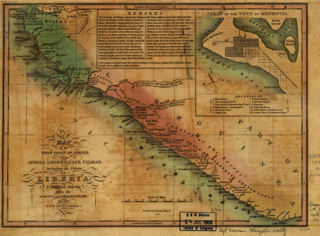 Карта западного побережья Африки от Сьерра-Леоне до мыса Пальмас, в том числе колонии Либерии